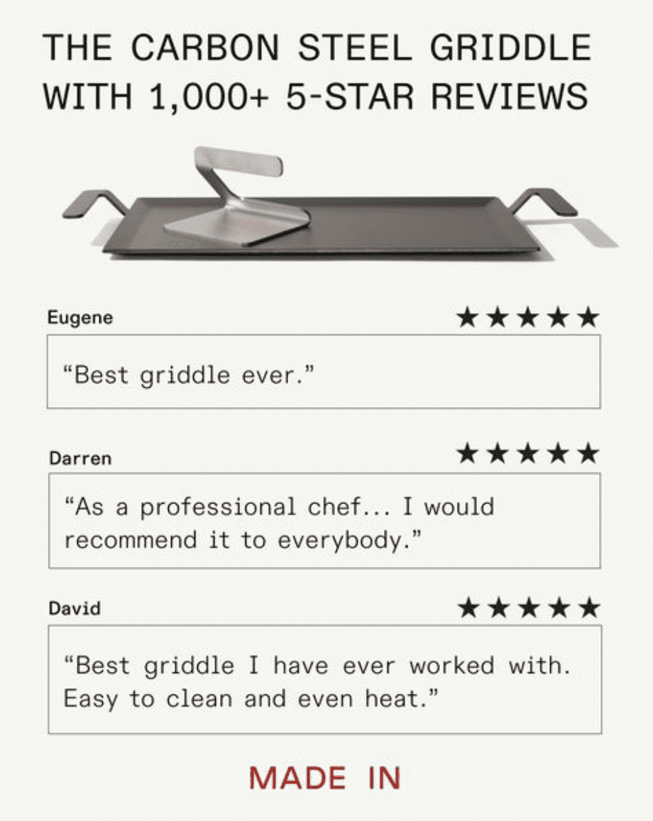 Made In's meta ad is a great example of the "testimonial" framework.