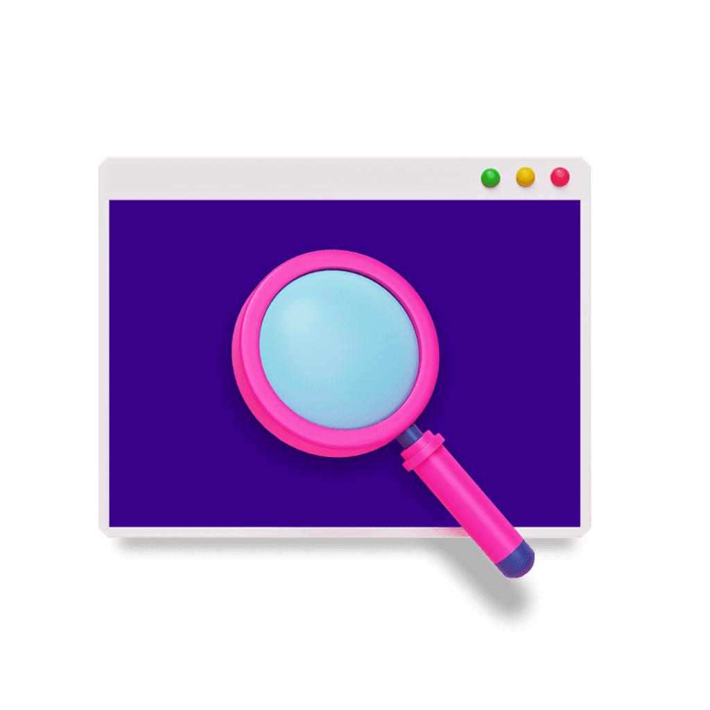 A pink magnifying glass searching a purple browser to show SEO