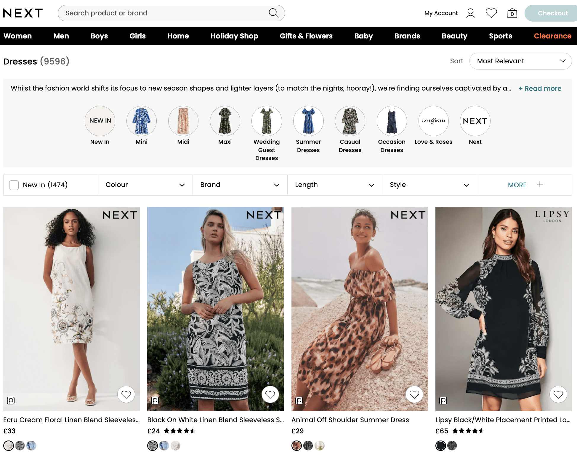 The Next.co.uk dresses category page