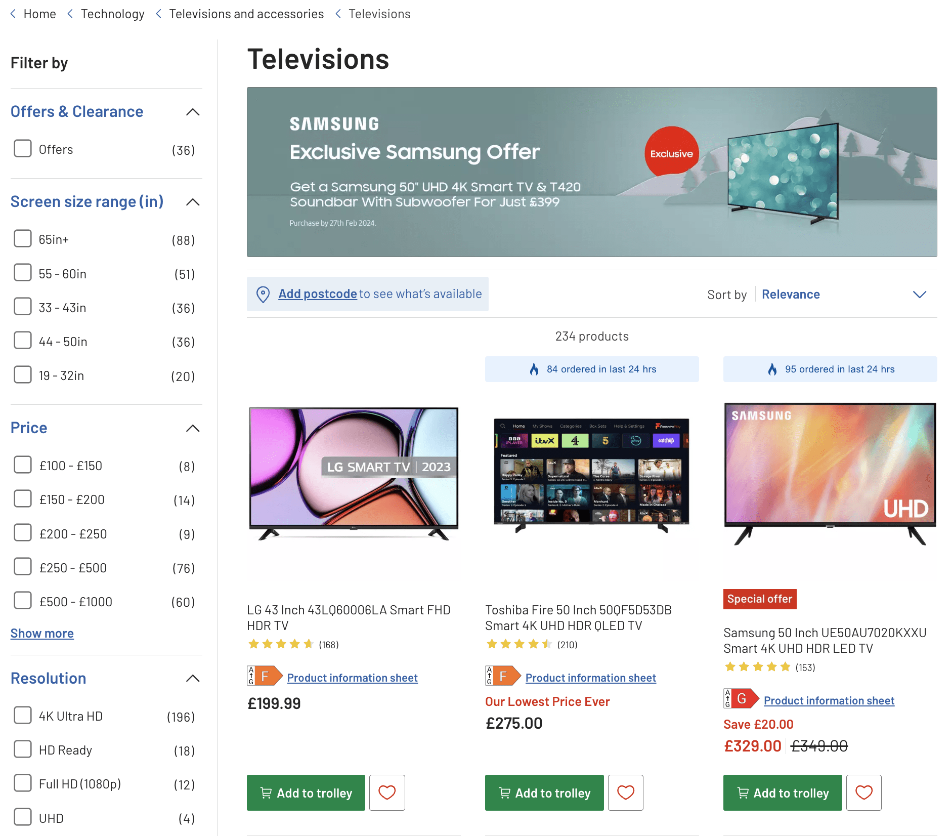 The Argos televisions category page