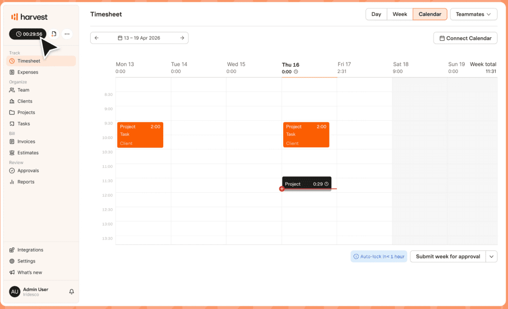 Screenshot of Harvest time tracking software